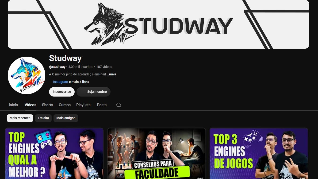 Página do canal Studway no YouTube
