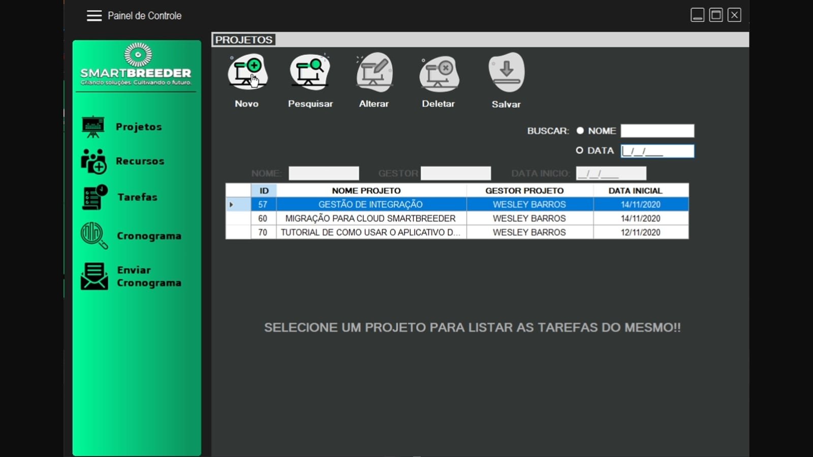 Cadastro de projetos, o primeiro dos três níveis