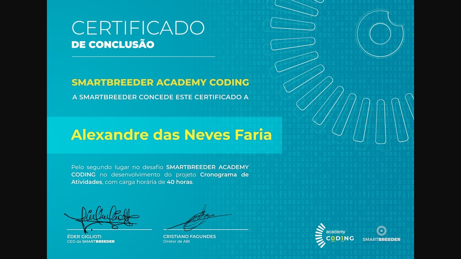 Certificado de 2º lugar, 40 horas de programa