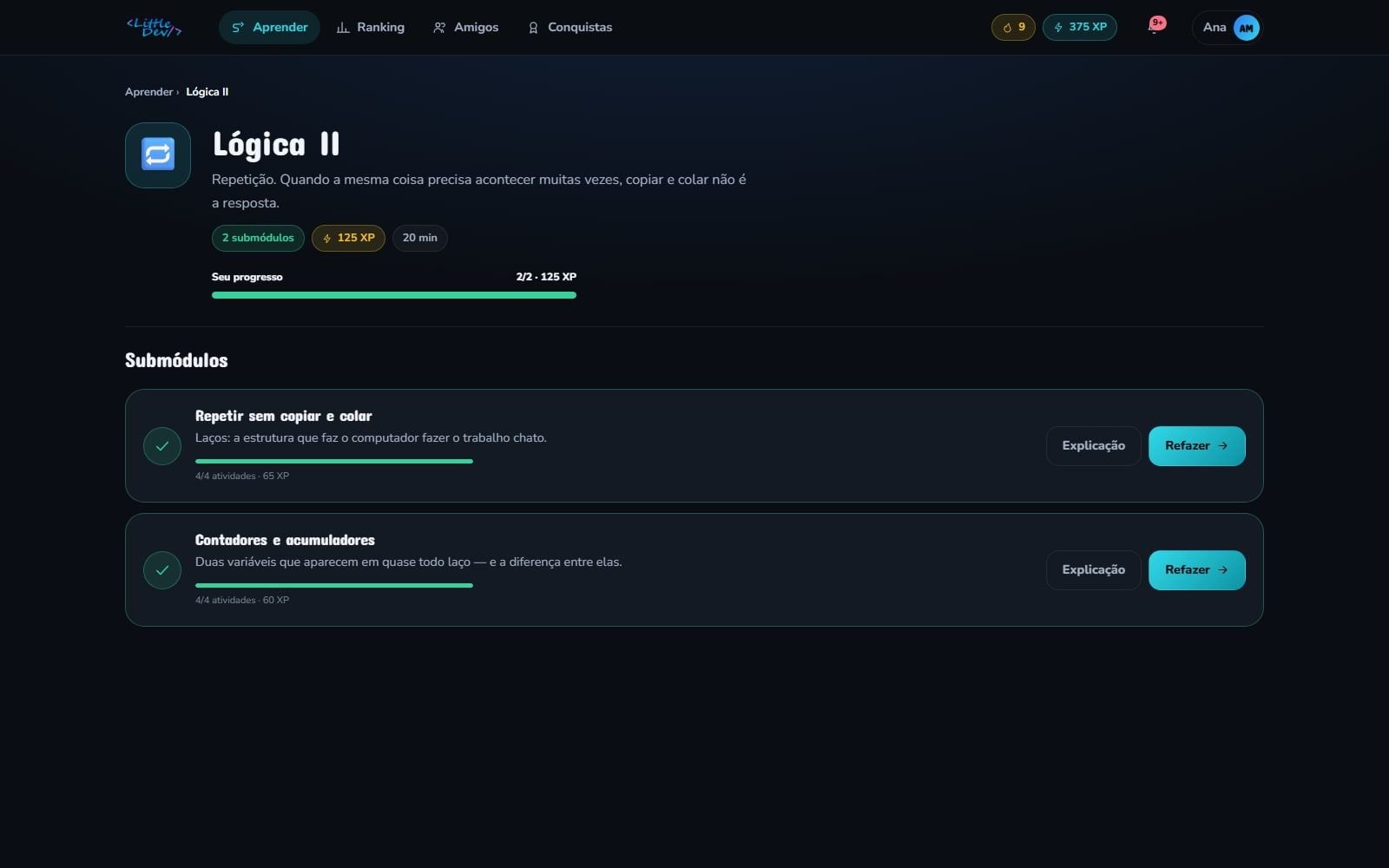 Módulo com seus submódulos e o progresso de cada um