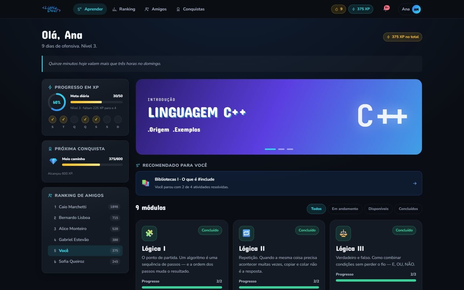 Painel do aluno: trilha, meta diária, ofensiva e ranking de amigos